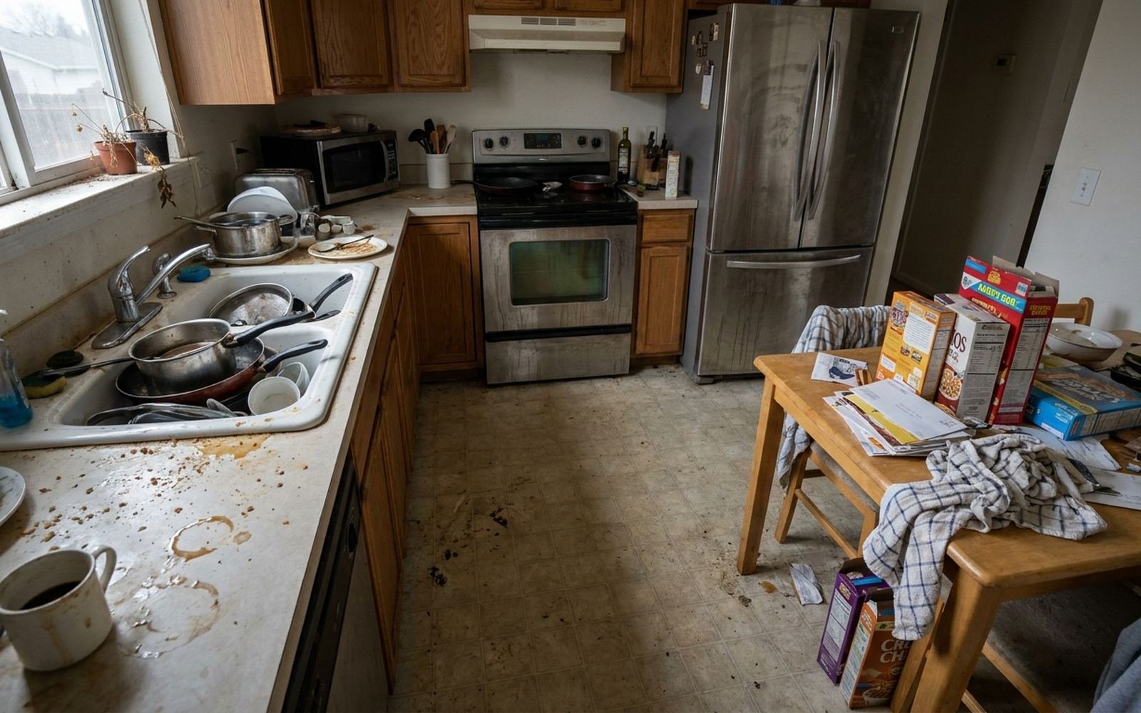 Design concept, illustrative kitchen before cleaning for a spring checklist; not a customer project