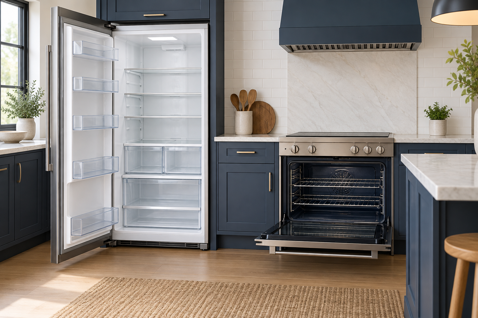 Design concept of an open empty refrigerator and oven illustrating appliance interior cleaning scope; not a customer project