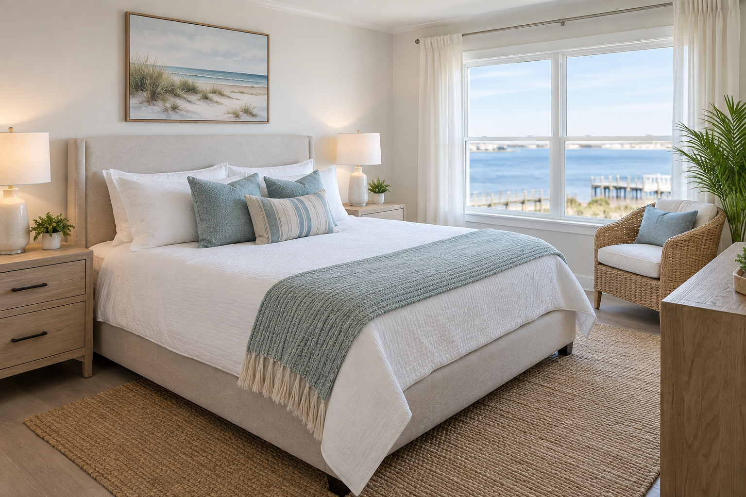Design concept, illustrative furnished bedroom for a move-in cleaning guide; not a customer project