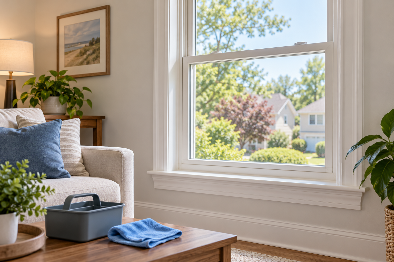 Design concept of a reachable closed living room window, white sill, blue cloth and empty caddy; illustrative image, not a customer project