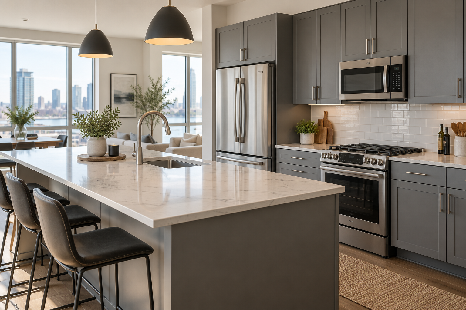 Design concept, illustrative kitchen for a between-visits cleaning guide; not a customer project