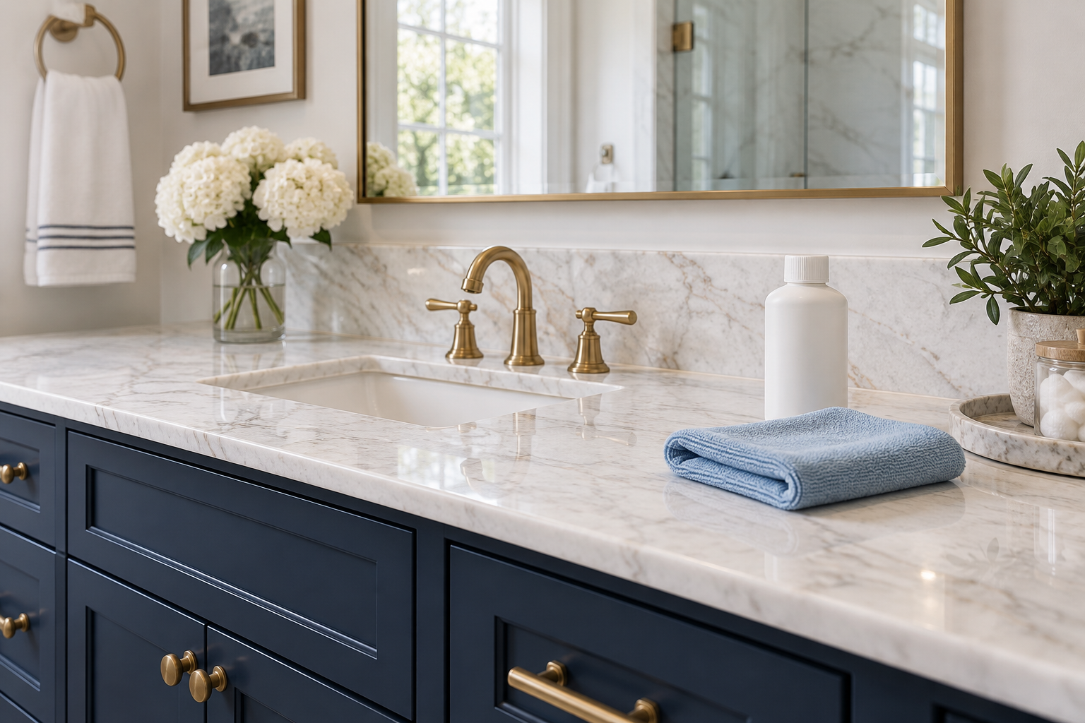 Design concept of a marble bathroom vanity with a microfiber cloth and unbranded bottle; illustrative image, not a customer project