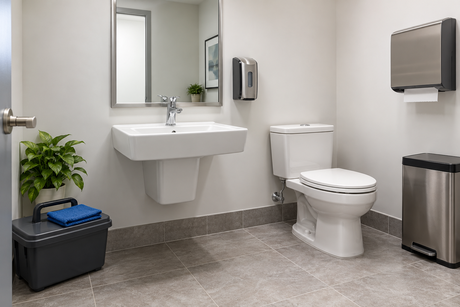 Design concept of an office restroom with a basin, toilet, dispensers and blue cloth on a closed caddy; illustrative image, not a customer project
