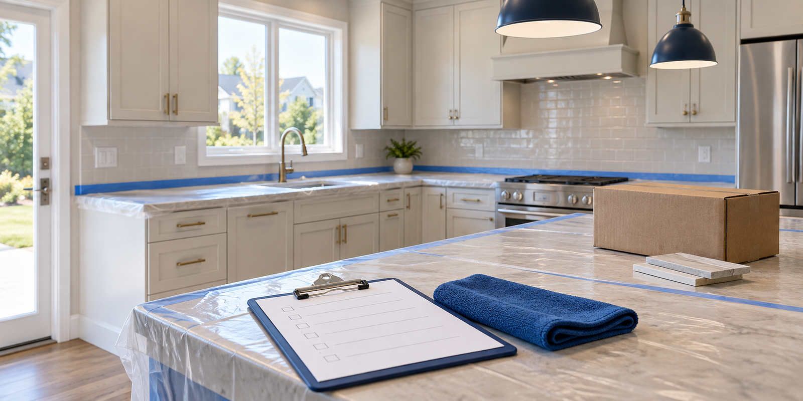 Design concept of a protected newly renovated kitchen with a blank checklist and cloth; illustrative image, not a customer project