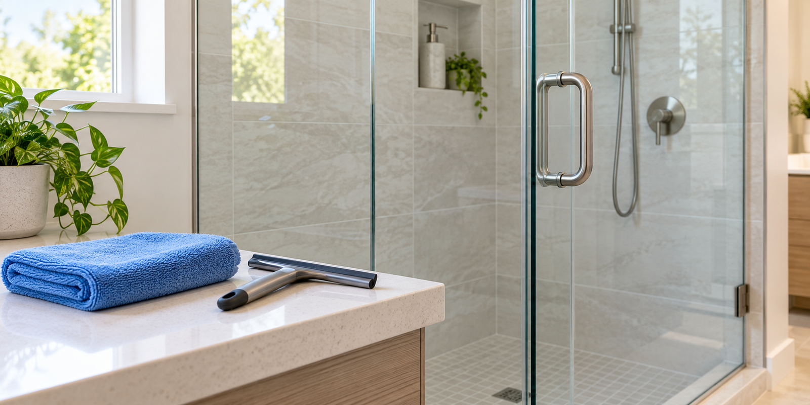 Design concept of a glass shower enclosure with a blue microfiber cloth and squeegee; illustrative image, not a customer project