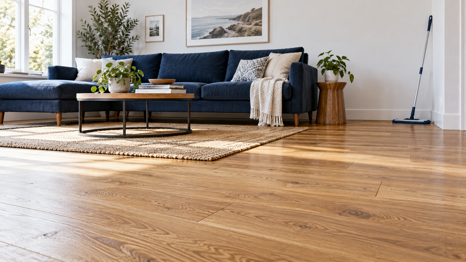 Design concept of an oak floor and microfiber mop in a living room; illustrative image, not a customer project