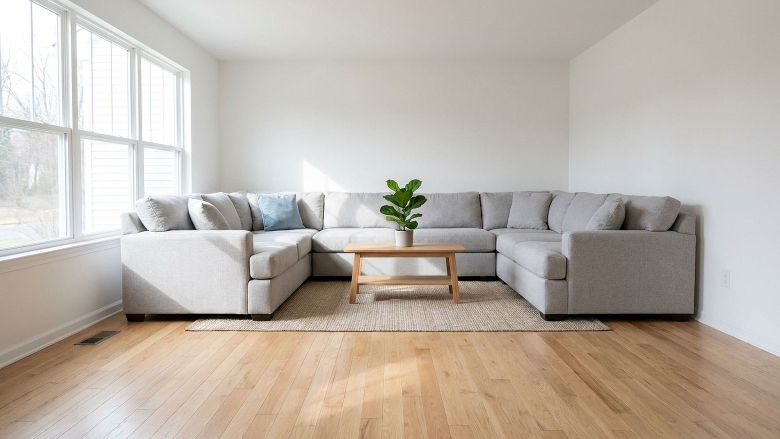 Illustrative living room with natural light and uncluttered floors